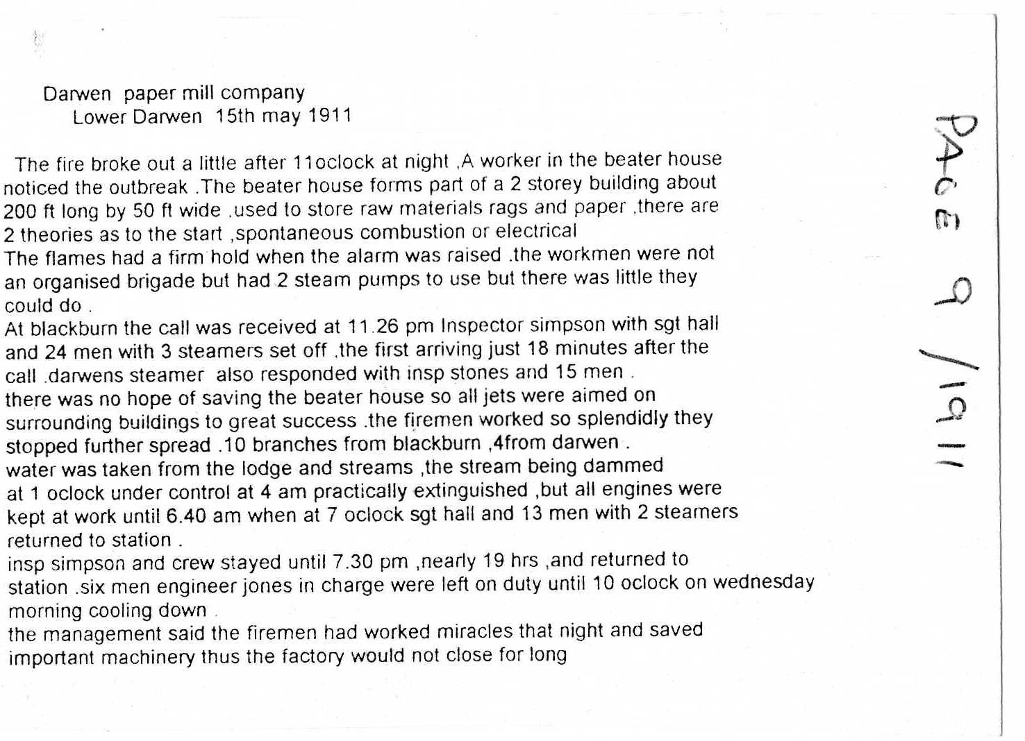 Lower Darwen Paper Mill 1911 Blackburn Fire History